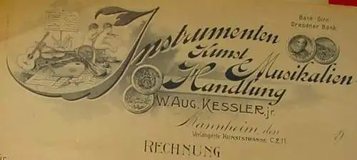 Neu + gültig : Versandkosten ab Euro 2,50 (intern ) Mannheim.  Zwei Rechnungsformulare mit herrlichem Briefkopf der Musikalienhandlung Kessler in Mannheim, um 1900, Litho.-Abb. = versch. Musikinstrumente u. Notenblätter, 2 Kinder musizieren,...