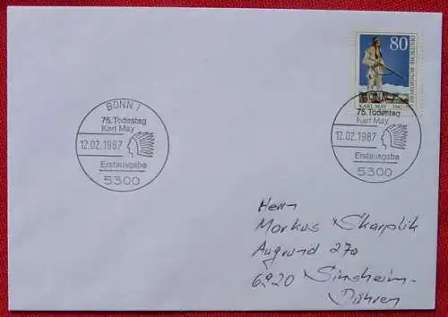 Neu : Versandkosten ab Euro 1,20 () Sehr gut erhaltenes Briefkuvert mit Karl-May-Sonderbriefmarke (Winnetou) u. 2 glasklaren Sonderstempel der Deutschen Bundespost 'Bonn 1 - 75. Todestag Karl May 12. 2. 1987 - Erstausgabe'. Sehr schöner Beleg !