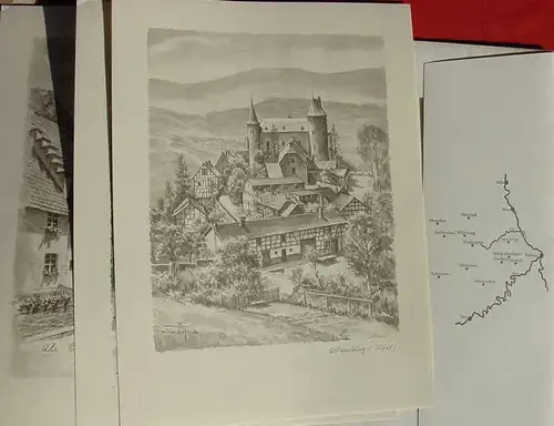 (1012274) "Romantische Eifelburgen" 12 Sepia-Zeichnungen von Erich Saalfeld - Koeln / Rhein.  Kuenstlermappe 1972