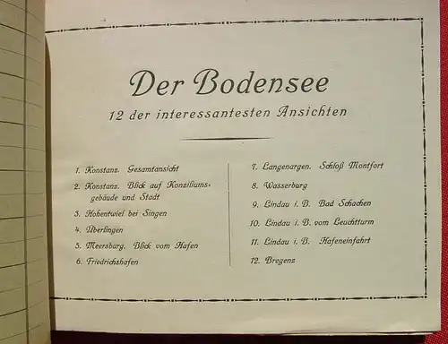 () "Der Bodensee" 12 Foto-Blaetter. Uebersichtsblatt u. Originaldeckel mit Goldpraegedruck