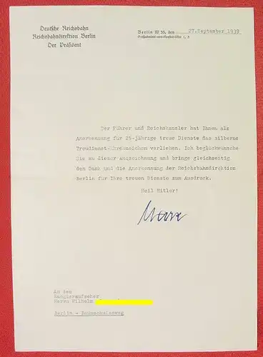 (2001178) Glueckwunschschreiben Reichsbahndirektion zum 'Silberne Treudienst-Ehrenzeichen' 1939