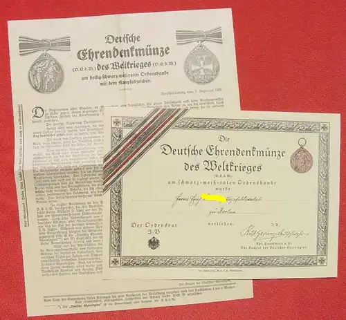 () Verleihungs-Urkunde. Die Deutsche Ehrendenkmuenze des Weltkrieges. 1923