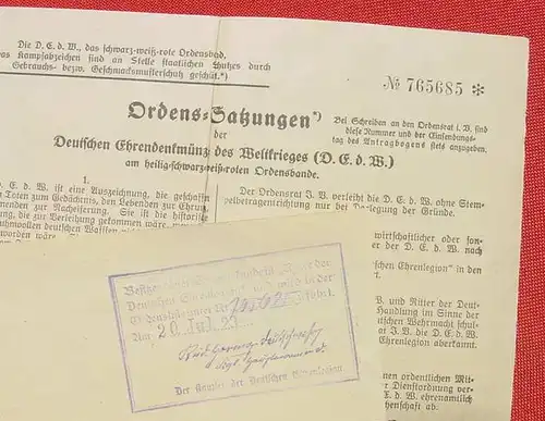 (2001191) Verleihungs-Urkunde. Die Deutsche Ehrendenkmuenze des Weltkrieges. 1923