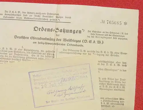 () Verleihungs-Urkunde. Die Deutsche Ehrendenkmuenze des Weltkrieges. 1923