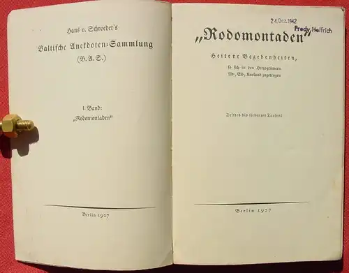 () "Rodomontaden" Baltische Anektoden-Sammlung, 112 S., Berlin 1927