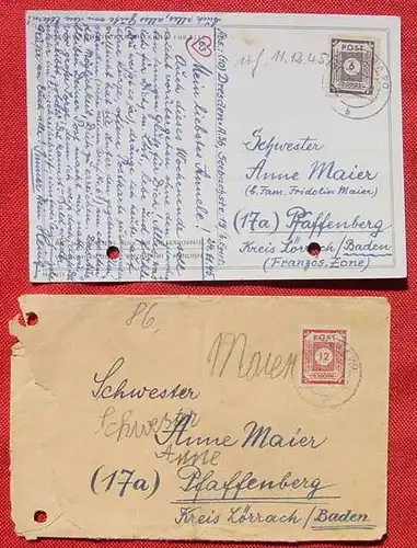 (1039011) Dresden 1945-1946, 3 Briefkuverts (1 x Einschreiben) u. 1 Postkarte, gelochte Belege !