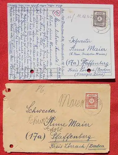 () Dresden 1945-1946, 3 Briefkuverts (1 x Einschreiben) u. 1 Postkarte, gelochte Belege !