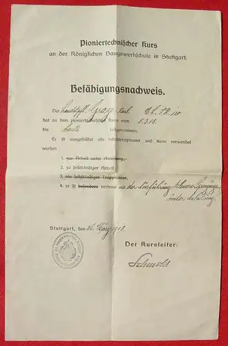 (0340201) 'Befaehigungsnachweis'. Pioniertechnisch ... 1918 Baugewerkschule Stuttgart