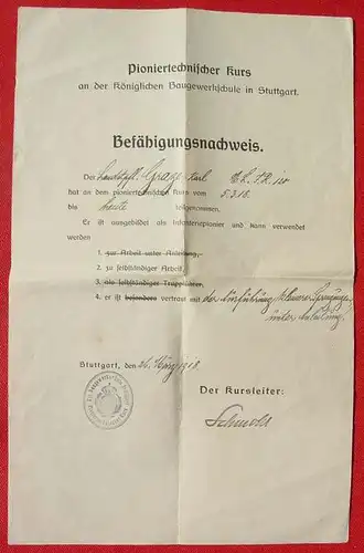 () 'Befaehigungsnachweis'. Pioniertechnisch ... 1918 Baugewerkschule Stuttgart