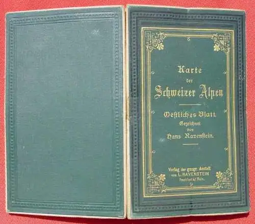 ! Neu : Versandkosten ab Euro 2,50 () 'Karte der Schweizer Alpen'. Oestliches Blatt. Ravenstein Frankfurt /M. 1897  Alte Landkarte auf Leinen. Leinendeckel mit Goldpraegeschrift. Farbige Karte gezeichnet von Hans Ravenstein 1897. Format...