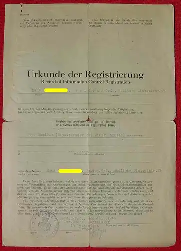 (2001091) Registrierungs-Urkunde. Militaerregierung 1946, Stadt Weiden / Opf