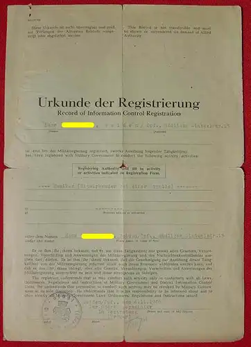 () Registrierungs-Urkunde. Militaerregierung 1946, Stadt Weiden / Opf