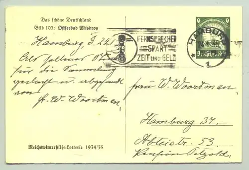 (0360521) Reichswinterhilfe-Lotterie 1934 / 35, Bildpostkarte 103 'Ostseebad Mistroy'. 1935. Ganzsache