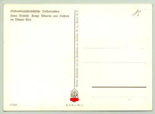 () Spendenpostkarte VDA. 'Siebenbuergen Sachsen Volkstrachten'. P 6. R 1. Nr. 1