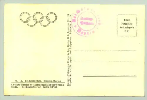 (0360190) Foto-Ansichtskarte. Amtliche Olympia-Postkarte Nr. 13 Reichssportfeld