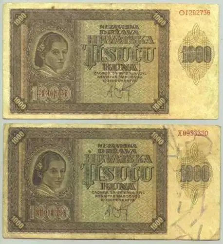 ! Neu : Versandkosten ab Euro 1,25 ()  2 x Banknoten zu je 1.000,00 KUNA, Zagreb 1941. Umlaufspuren.  # Geldscheine