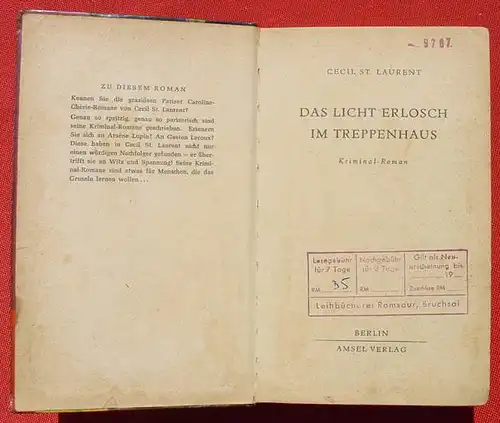 (1008944) Laurent "Das Licht erlosch im Treppenhaus". Kriminal. 242 S., 1955 Amsel-Verlag, Berlin