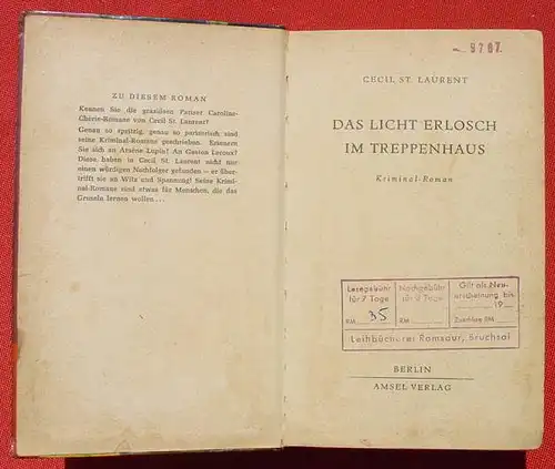 () Laurent "Das Licht erlosch im Treppenhaus". Kriminal. 242 S., 1955 Amsel-Verlag, Berlin