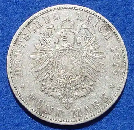 () Silbermuenze Preussen 5 Reichsmark 1876-C Deutsches Reich, Jaeger-Nr. 97