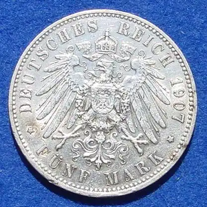 () Silbermuenze Sachsen 5 Reichsmark 1907 Deutsches Reich. Jaeger Nr. 136