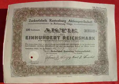 () 100 Reichsmark Aktie Zuckerfabrik Rastenburg AG in Ostpreussen