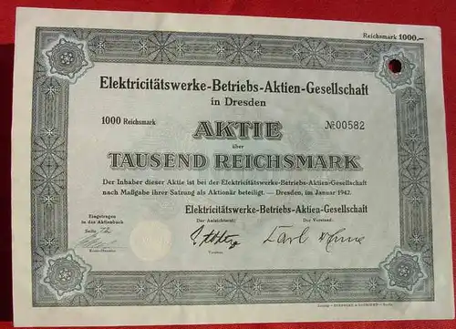 () 1000 Reichsmark Aktie Elektrizitaetswerke in Dresden 1942