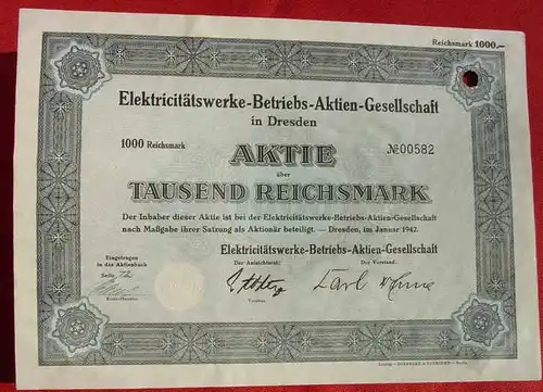 (1042559) 1000 Reichsmark Aktie Elektrizitaetswerke in Dresden 1942