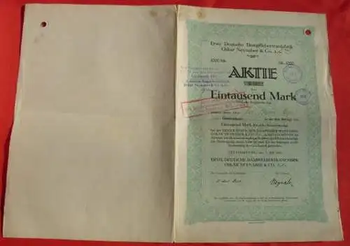()  Alte Aktie über 1.000 Mark. Goldmark 100. Erste Deutsche Dampflebertranfabrik Oskar Neynaber, Geestemuende 1920. Faltblatt, aufgefaltet ca. 50 x 37 cm. Bildseite ca. 37 x 25 cm. Rückseite unbedruckt, entwertet, Lagerspuren, Faltspuren....