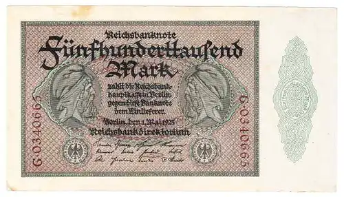(1042570) 500.000 Reichsmark vom 1. Mai 1923, Ro. 87  KN = 2 x vorhanden. # Geldschein # Banknote # Inflation