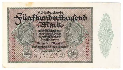 () 500.000 Reichsmark vom 1. Mai 1923, Ro. 87  KN = 2 x vorhanden. # Geldschein # Banknote # Inflation