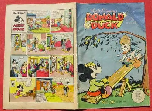 () Donald Duck. Walt Disney. Niederlande. Heft Nr. 26 v. 27. Juni 1953. 24 Seiten # Comic. Stark gebraucht, Umschlag restauriert u. Ecke rechts oben ersetzt. Vermutlich ein sehr seltenes Heft ?