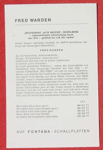 (1048008) Autogrammkarte. Fred Warden. Heidelberg. Siehe bitte Beschreibung und Bilder