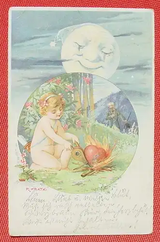(1048019) Künstlerkarte, R. Kratki, 1901. Siehe bitte Beschreibung und Bilder # Mann im Mond # Amor # Engel
