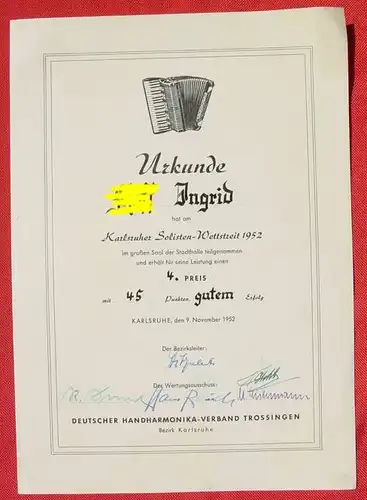 Urkunde : Deutscher Handharmonika-Verband Trossingen, Karlsruher Solisten-Wettstreit 1952