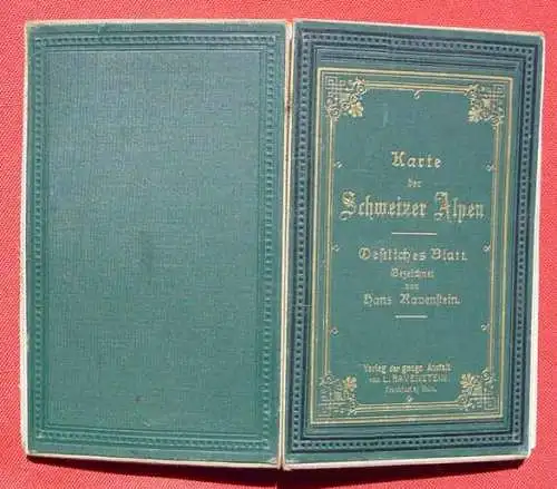 Neu : Versandkosten ab Euro 2,20 ()  'Karte der Schweizer Alpen' Östliches Blatt. Alte Landkarte auf Leinen. Leinendeckel mit Goldprägeschrift. Farbige Karte gezeichnet von Hans Ravenstein 1897. Format aufgefaltet ca. 65 x 72 cm. Stich, Druck...