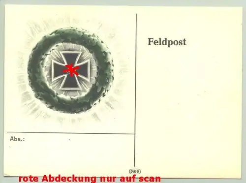 Original Feldpostkarte mit farbigem Bild eines EK mit HK umgeben von Eichenkranz, um 1940 ? ()