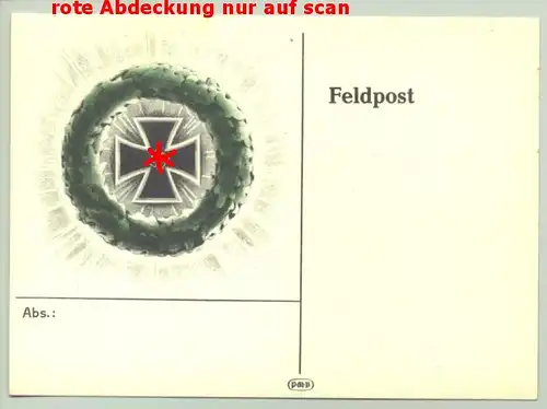 Original Feldpostkarte mit farbigem Bild eines EK mit HK umgeben von Eichenkranz, um 1940 ? ()