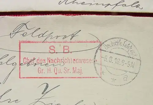 (1047305) Feldpost "Chef des Nachrichtenwesens" 2 Kuverts 6. 8. 1918