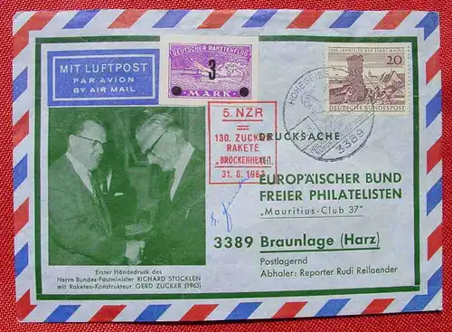 () Deutscher Raketenflug Zucker Rakete 1963, Kuvert mit Vignetten u. Sonderstempeln. Mauritius-Club 37. Versandkosten ab Euro 1,20