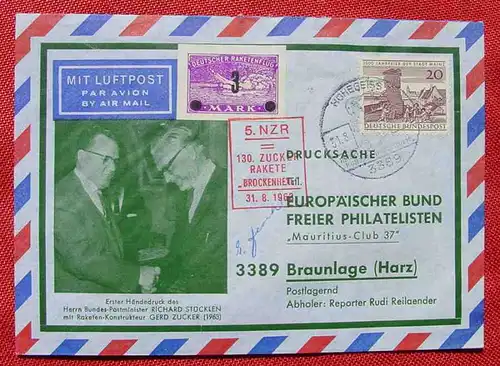 () Deutscher Raketenflug Zucker Rakete 1963, Kuvert mit Vignetten u. Sonderstempeln. Mauritius-Club 37. Versandkosten ab Euro 1,20