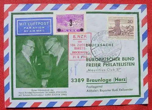 (1047308) Deutscher Raketenflug Zucker Rakete 1963, Kuvert mit Vignetten u. Sonderstempeln. Mauritius-Club 37. Versandkosten ab Euro 1,20