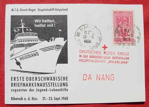 () Deutsches Rotes Kreuz. Hospitalschiff Helgoland. Sonderpostkarte 1968. Erste Oberschwäbische Briefmarkenausstellung, Biberach a. d. Riss, Sept. 1968.  Versandkosten ab Euro 1,20