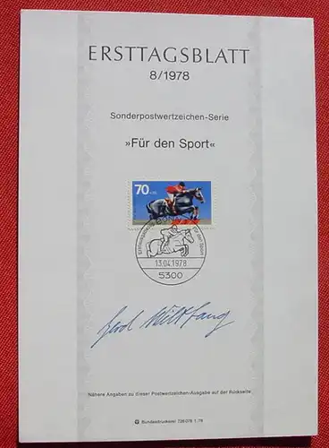 (1047515) Original-Unterschrift "Gerd Wiltfang" auf Gedenkblatt "Für den Sport" 1978. Reitsport, siehe bitte Beschreibung u. Bilder