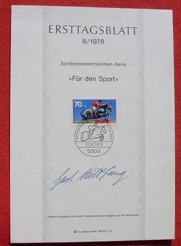 NEU : Versandkosten ab Euro 2,20 () Original-Unterschrift "Gerd Wiltfang" auf Gedenkblatt "Für den Sport" 1978. Reitsport. Original-Sondermarke u. Sonderstempel von 1978.