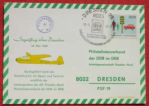 (1047522) Segelflug über Sachsen 1969. Gedenkpostkarte. Sonderstempel, siehe bitte Beschreibung u. Bild