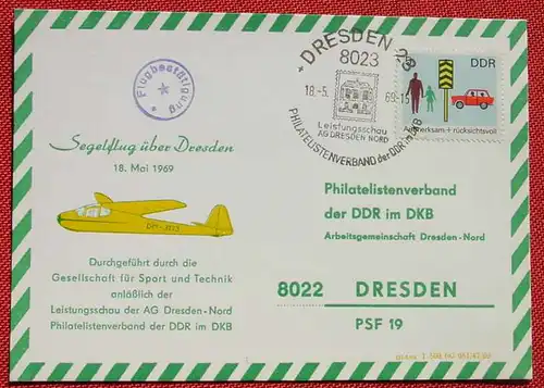 () Segelflug über Sachsen 1969. Gedenkpostkarte. Sonderstempel, siehe bitte Beschreibung u. Bild