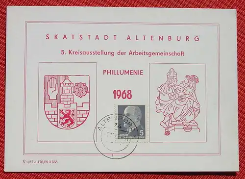 () Gedenkkarte (fester Karton) Skatstadt Altenburg. Phillumenie 1968. Rückseite blanko