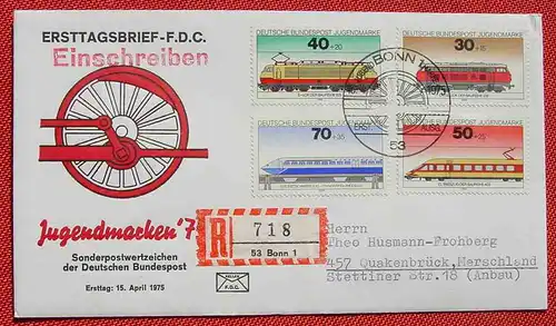 () Brief-Einschreiben, Bonn 15. 4. 1975, Eisenbahnen, Lokomotiven, Mi. 836-839, siehe bitte Bild