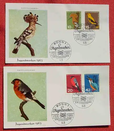 () 2 Briefe mit Jugendmarken, Vogelmotive, Mi. 401-404, Bonn 12. 6. 1963, siehe bitte Bild