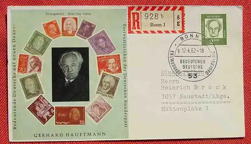 ()  Brief mit 2 DM Dauermarke Gerhard Hauptmann, Mi. 362 y, Bonn 12. 4. 1962, siehe bitte Bild